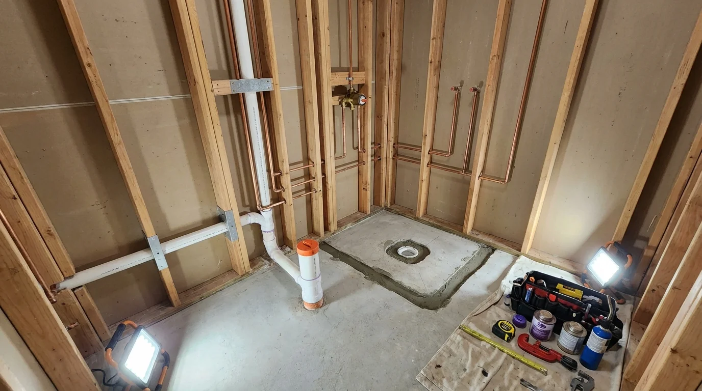 Bathroom rough-in plumbing during remodel by Johns Plumbing LLC in Knoxville