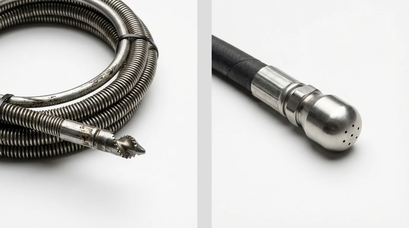 Drain snake cable and hydro jetting nozzle used for drain cleaning in Knoxville, IA