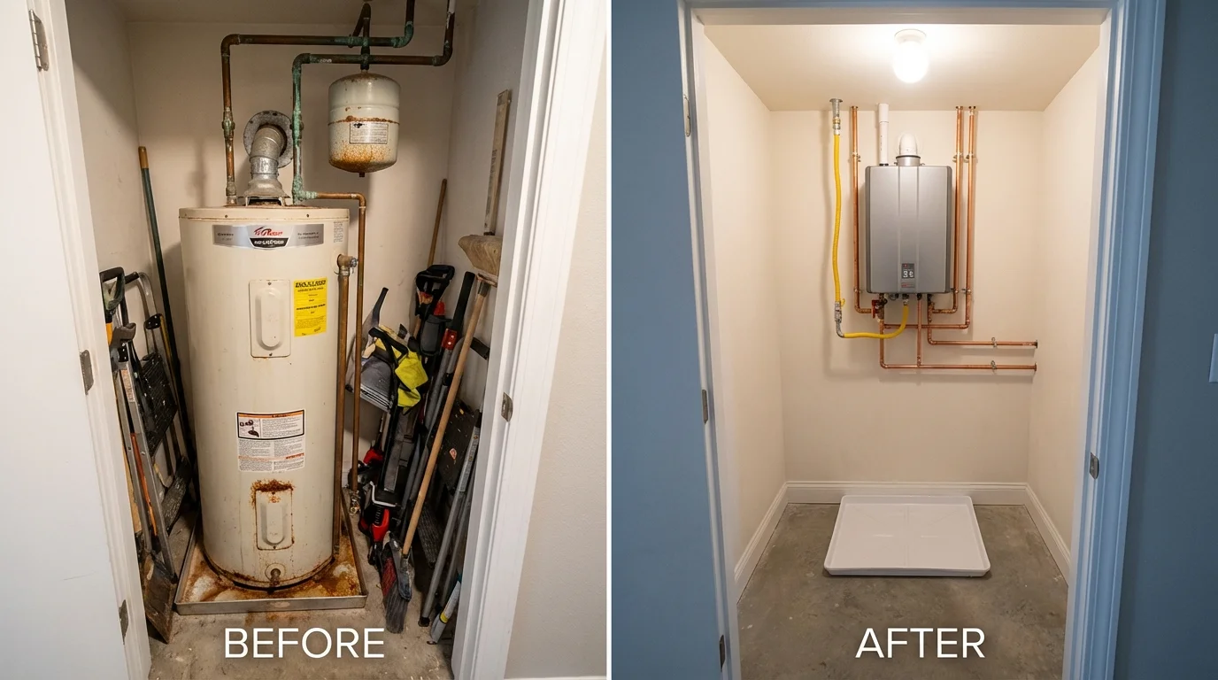 Tank water heater versus wall-mounted tankless unit comparison for Knoxville, IA homeowners