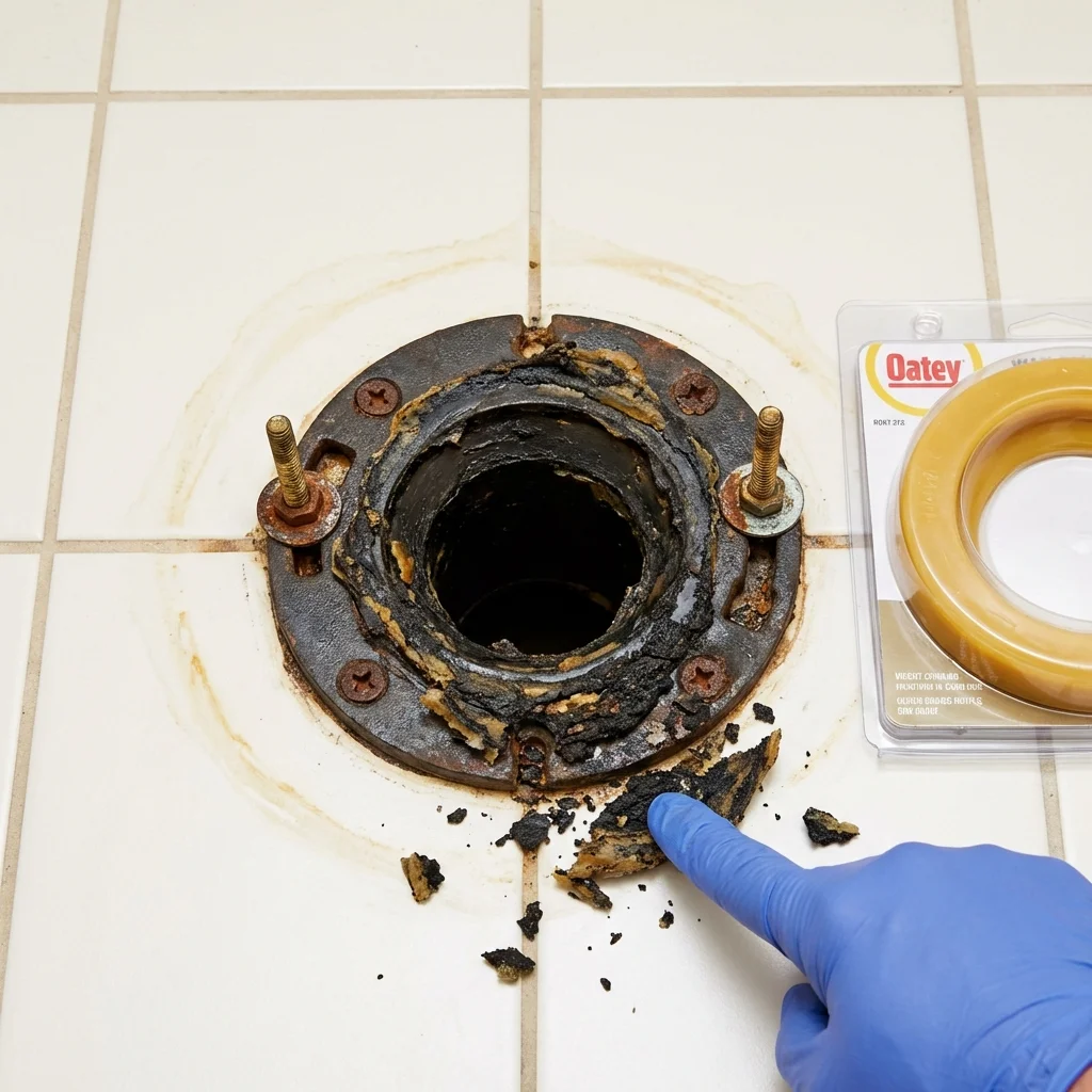 Failed wax ring showing water seepage at the base of a toilet in a Knoxville, IA home