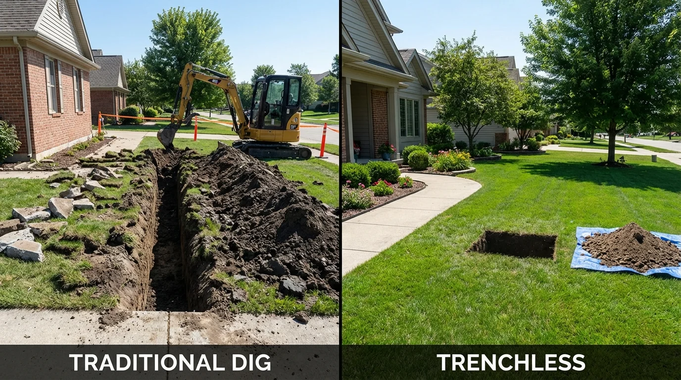 Trenchless sewer repair with minimal yard damage versus traditional excavation in Knoxville, IA