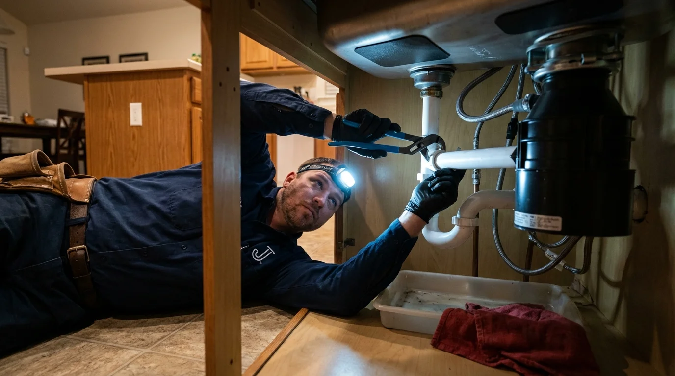 P-trap and supply line connections under a kitchen sink showing a common leak point in Knoxville, IA